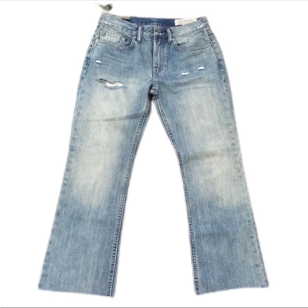NWT All Saints "Serene" Cropped Kick Flare Raw Hem Denim Jeans Indigo Blue 26